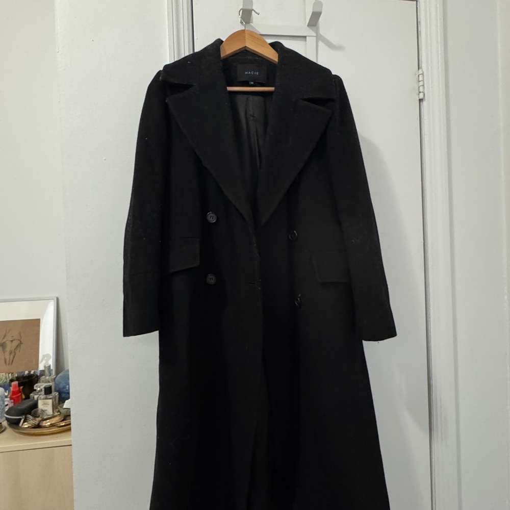 Wool Double-Breasted Long Trench Coat - Black